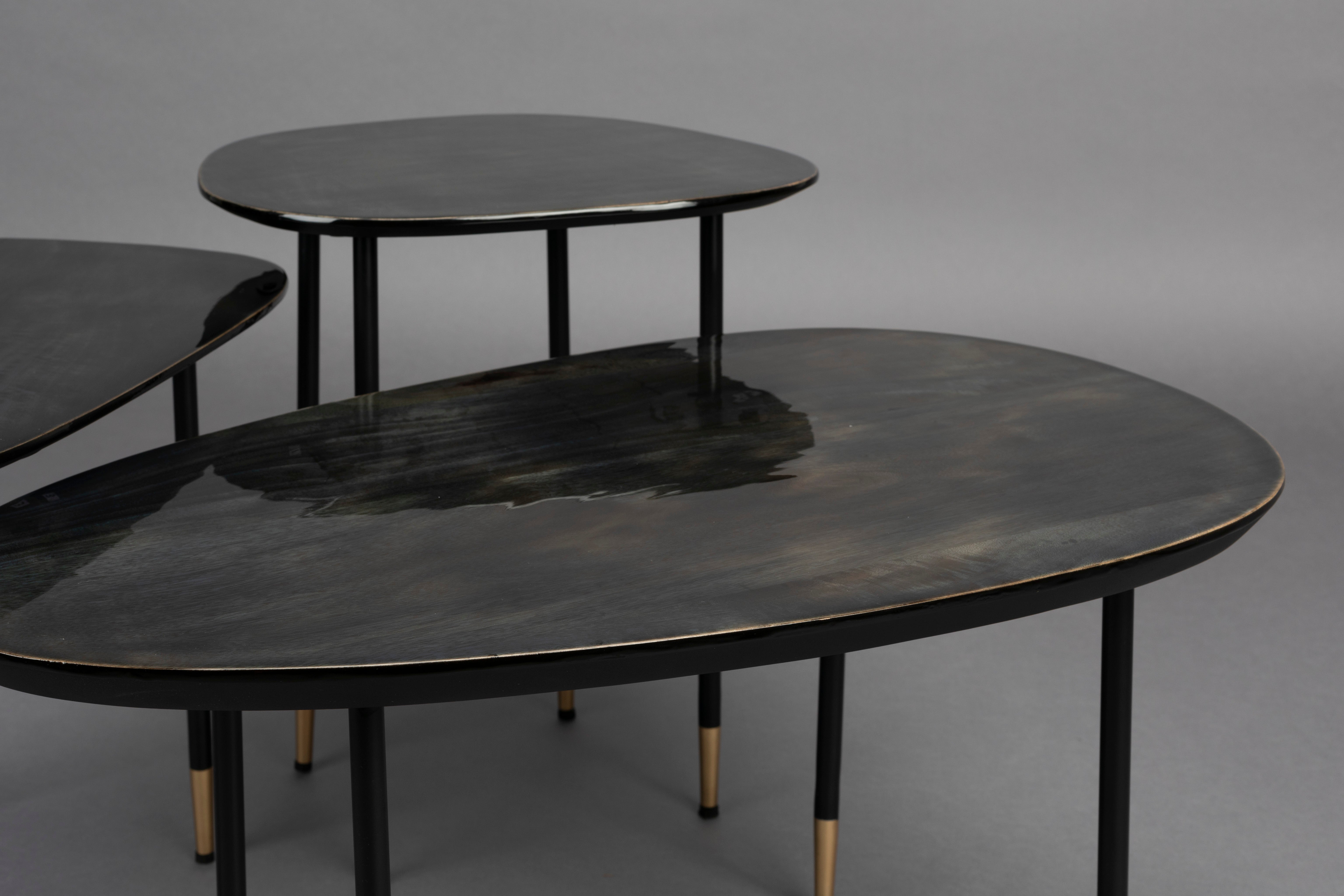 Dutchbone Set of 3 Phyllis Gloss Black Mango Wood Side Tables Nest